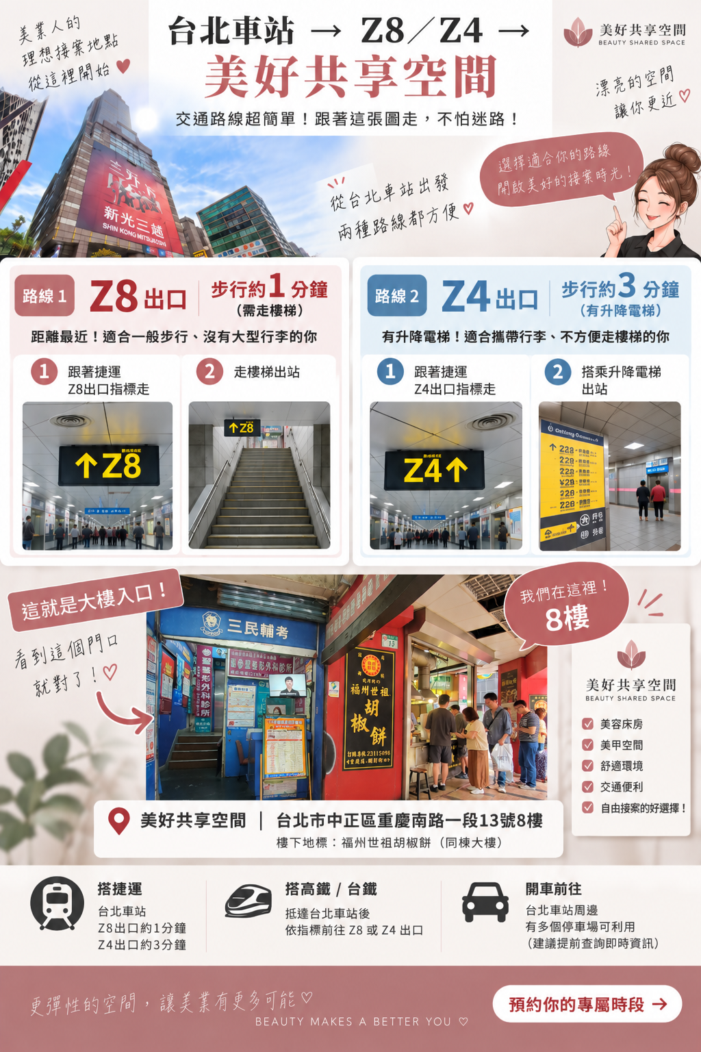 台北車站附近美容共享空間怎麼走?Z8、Z4出口交通完整攻略圖片