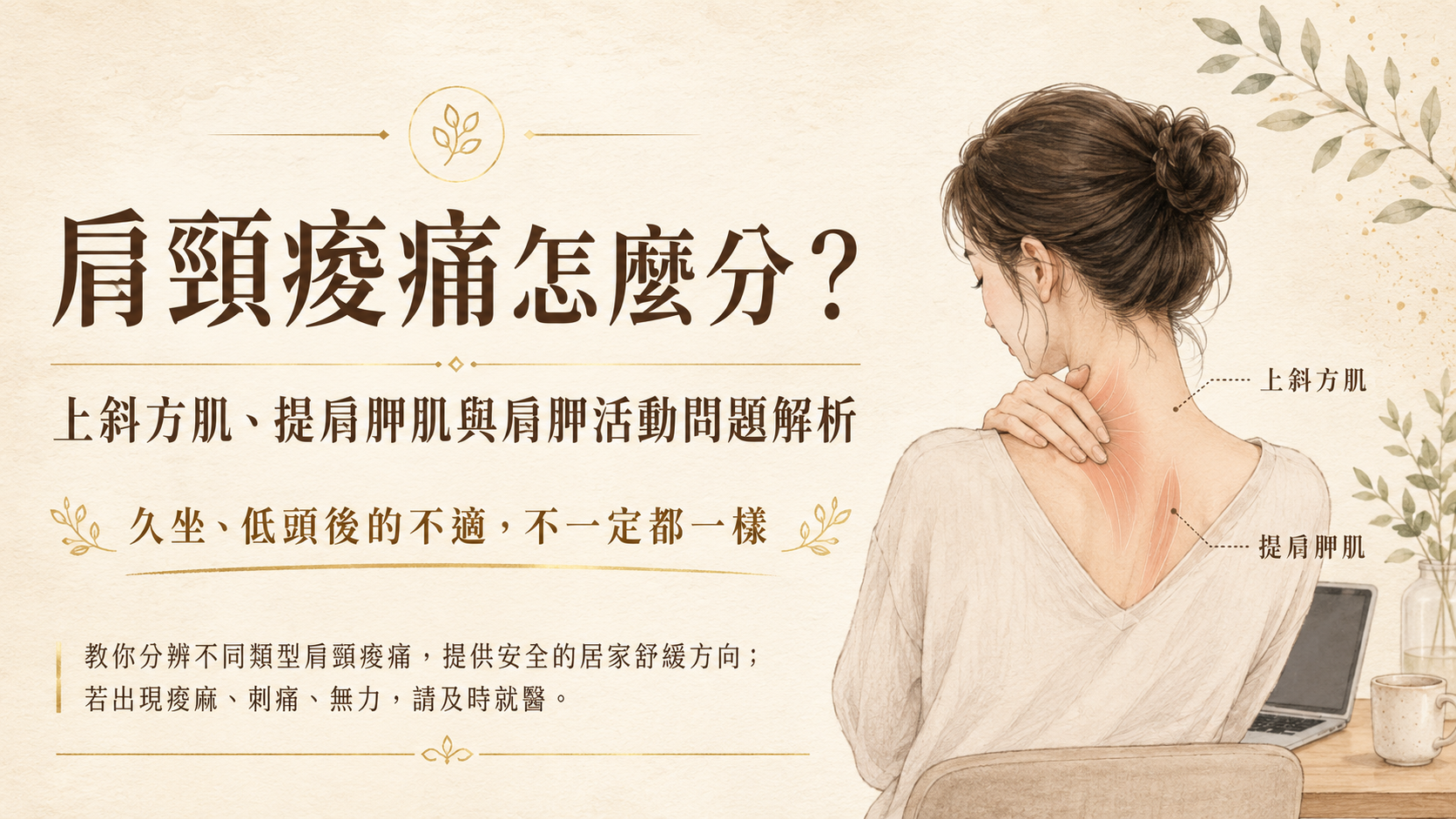 肩頸痠痛是上斜方肌還是提肩胛肌緊繃?如何分辨、舒緩?什麼時候該先看醫生?圖片